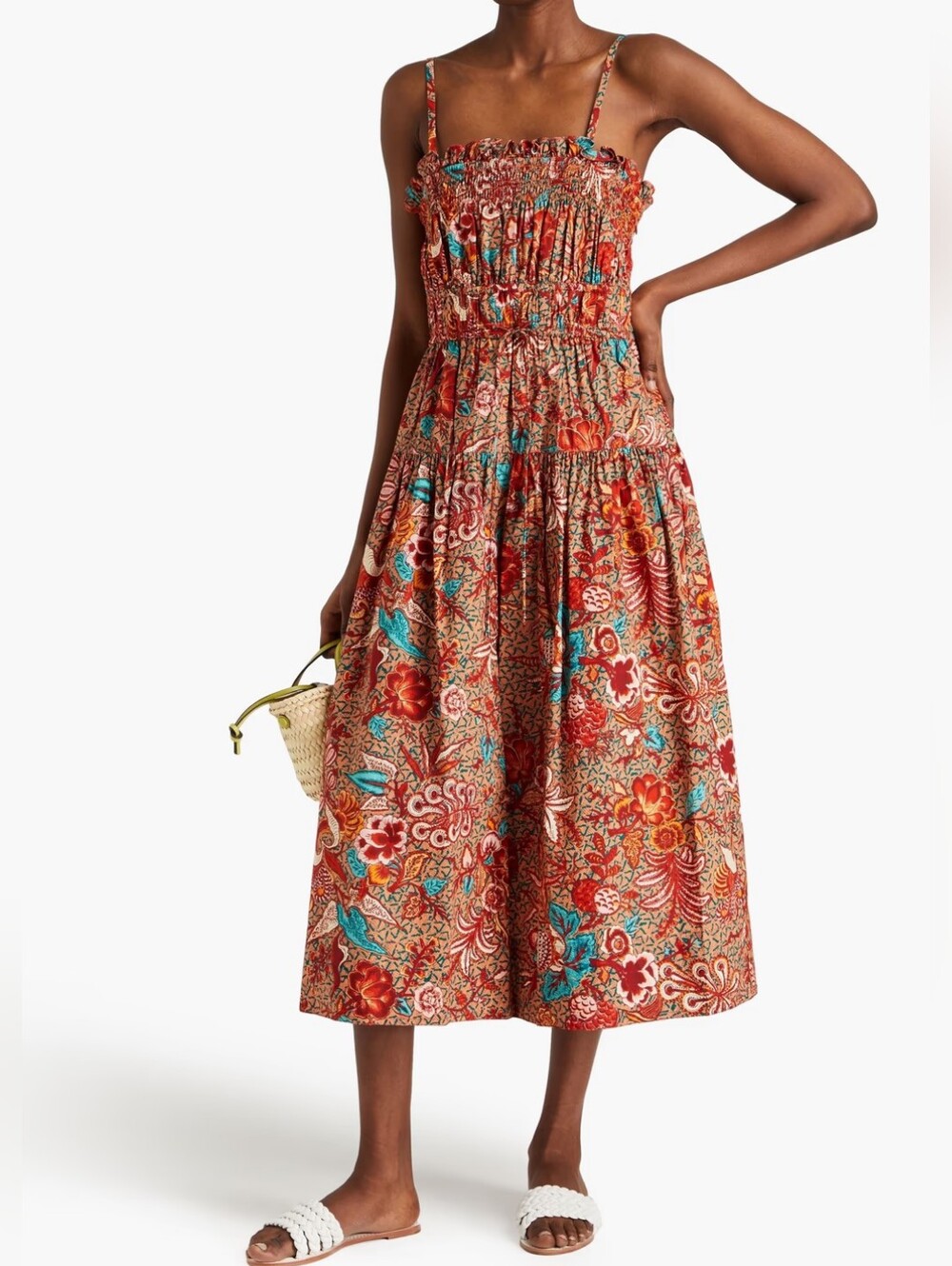 Ulla Johnson Lisbet Vibrant Botanical Cotton  Shirred Bodice Midi Dress